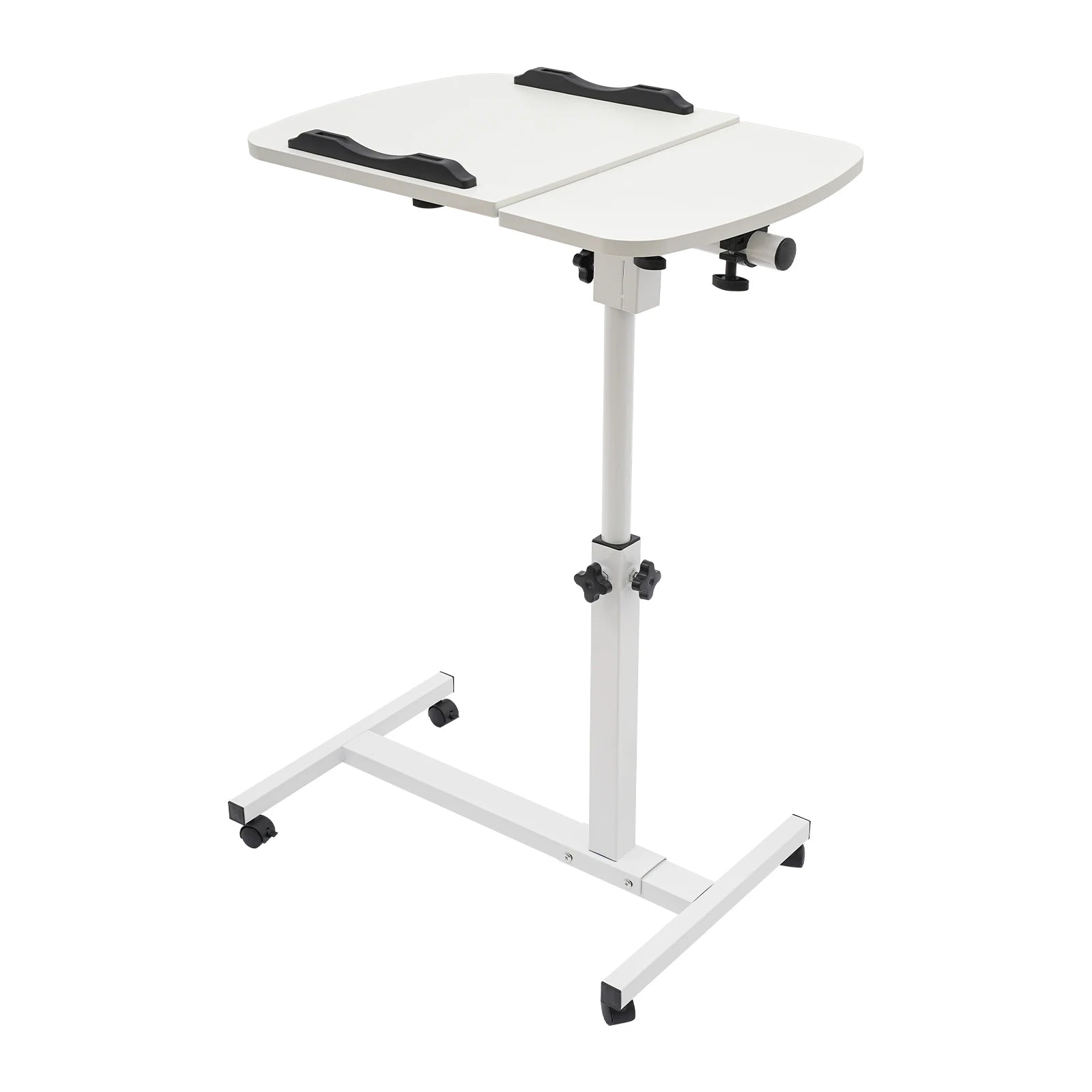 Adjustable White Mobile Laptop Table Stand with Lockable Wheels, Height & 360° Tilt C-Table for Bed Sofa Home Office