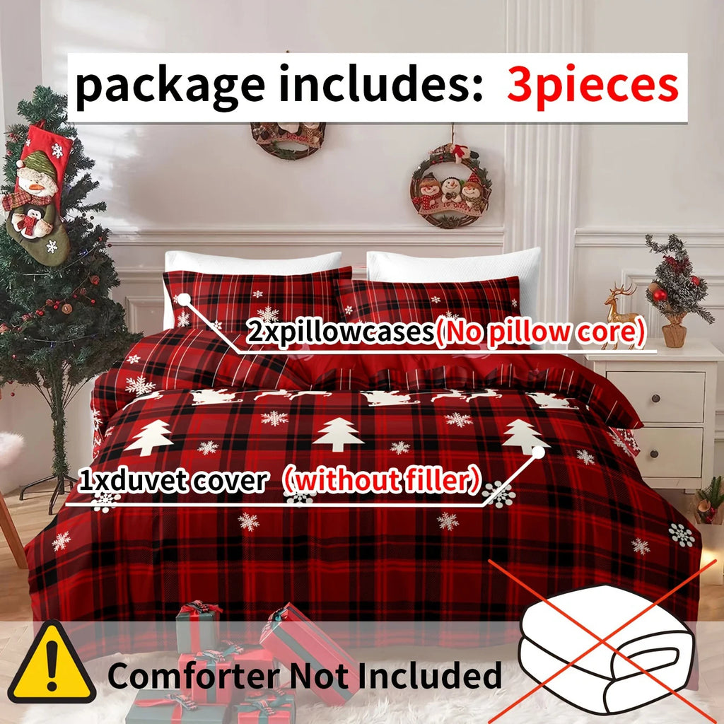 3-Piece Christmas Duvet Cover Set – Checkered Elk & Snowflake Print, Soft Breathable Hypoallergenic Polyester, Machine Washable
