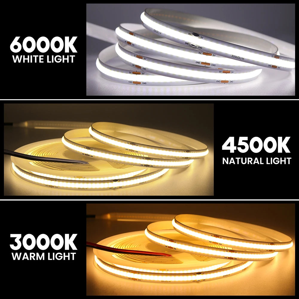 COB LED Strip Light 320 LEDs/m – 3/5/8mm PCB (0.12/0.20/0.31in), 5V/12V/24V, Flexible Tape 0.5–5m (1.6–16.4 ft), Warm/Natural/Cool White + RGB