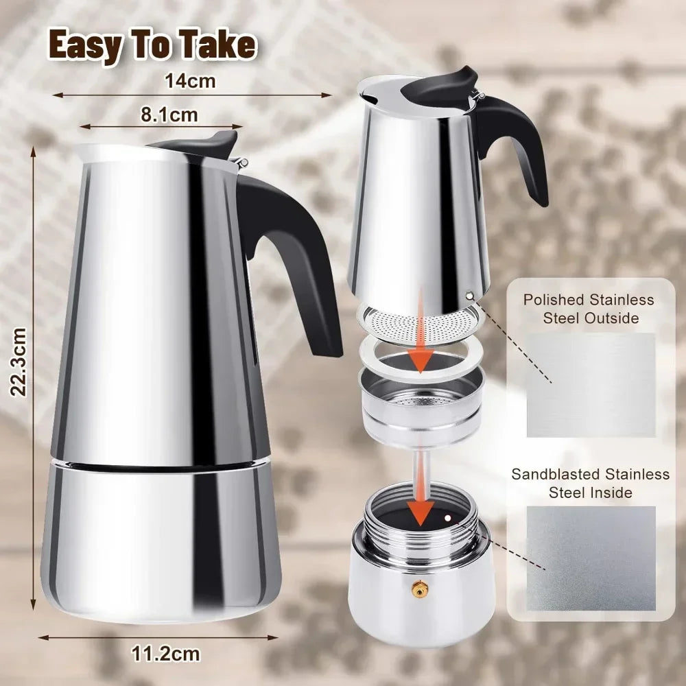 Moka Pot Stovetop Espresso Maker - 2/4/6 Cup Stainless Steel, Induction & Gas Compatible