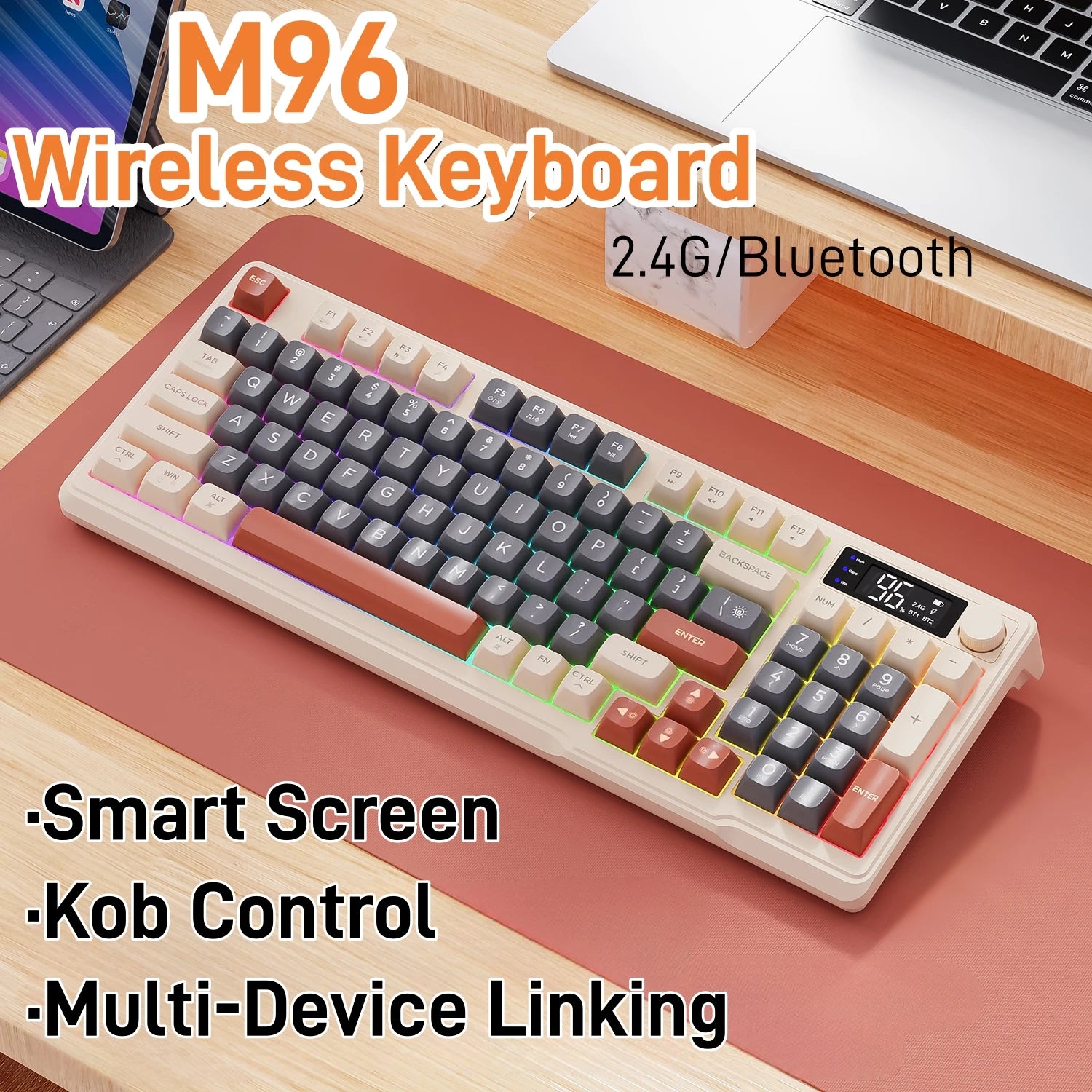 96-Key Wireless Mini Keyboard with Smart Screen - Bluetooth & 2.4GHz Dual-Mode, Multi-Device Linking, Ergonomic RGB Backlit