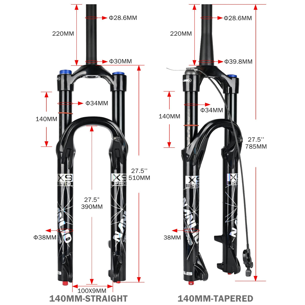 34mm MTB Suspension Fork for 26/27.5/29 in Wheels, Oil & Air Damping, 140/160mm (5.5/6.3 in) Travel with Metal Bushings