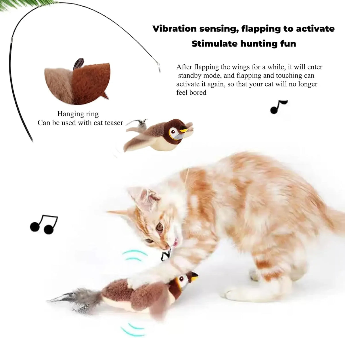 Rechargeable Interactive Cat Toy, Chirping Flapping Plush Bird with Catnip — Touch-Activated for Indoor Cats