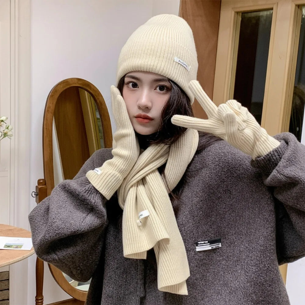Women's 3-Piece Red Knit Cotton Hat, Scarf & Gloves Set — Thick Winter Beanie with Ear Protection, Warm Holiday Gift