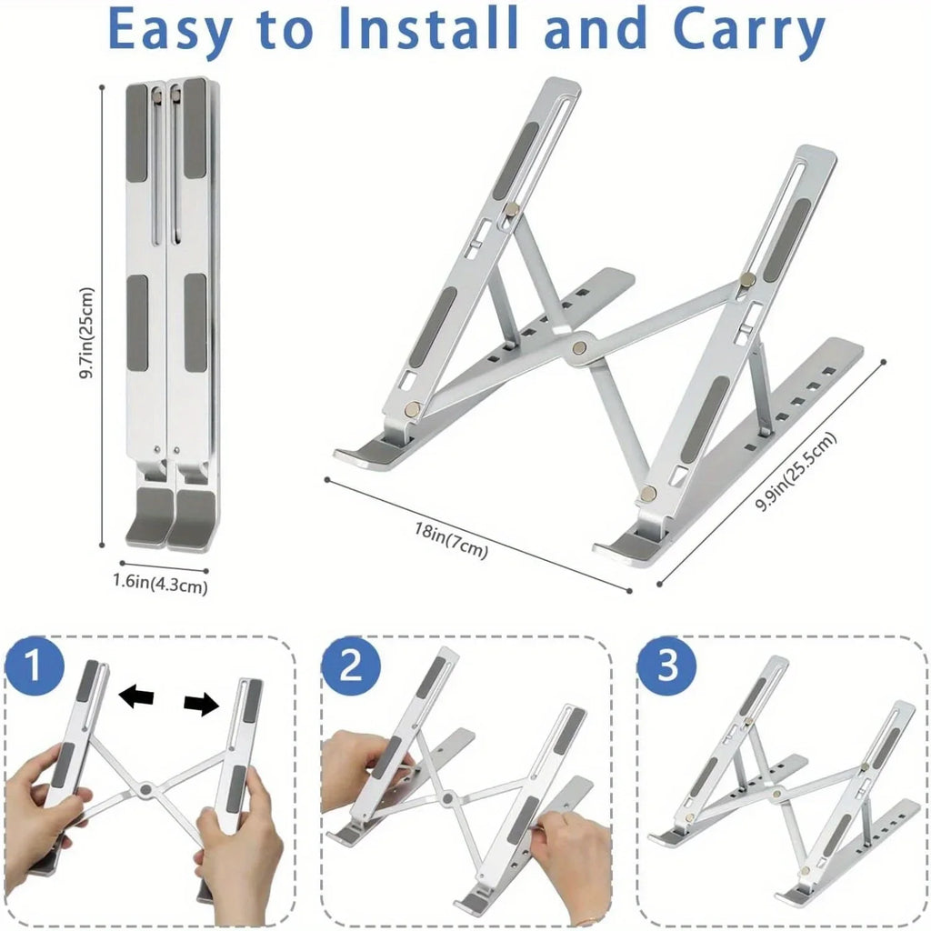 Adjustable Aluminum Laptop Stand – 6-Position Foldable Portable Riser for 8–16-inch (20–41 cm) Laptops with Ventilation & Anti-Slip Pads