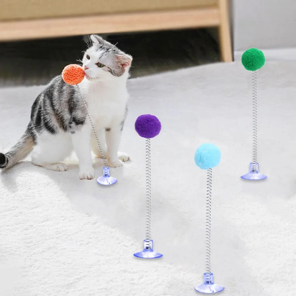Interactive Cat Teaser Toy with Suction Cup — Fur Ball Spring Wand, Hands-Free Cat Toy (Random Color)