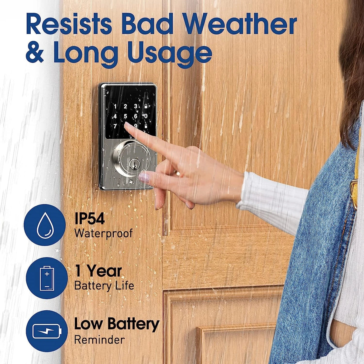 Smart Touchscreen Deadbolt Lock – Keyless Entry, 50 User Codes, Auto-Lock, IP66 Waterproof, Fits 1.4–2.0 in (35–50 mm) Doors, Easy DIY Install