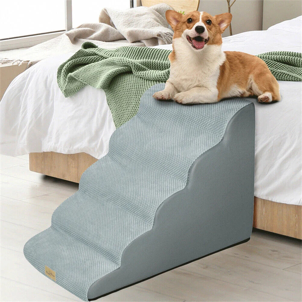 5-Step Foam Dog Stairs for High Beds & Sofas – Non-Slip Pet Ramp with Removable Washable Cover, Supports up to 27 kg (59.5 lbs)