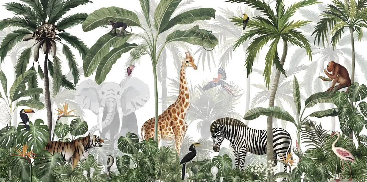 Custom Watercolor Jungle Animal Peel-and-Stick Wall Mural - Giraffe Elephant Zebra Nursery & Kids Wallpaper