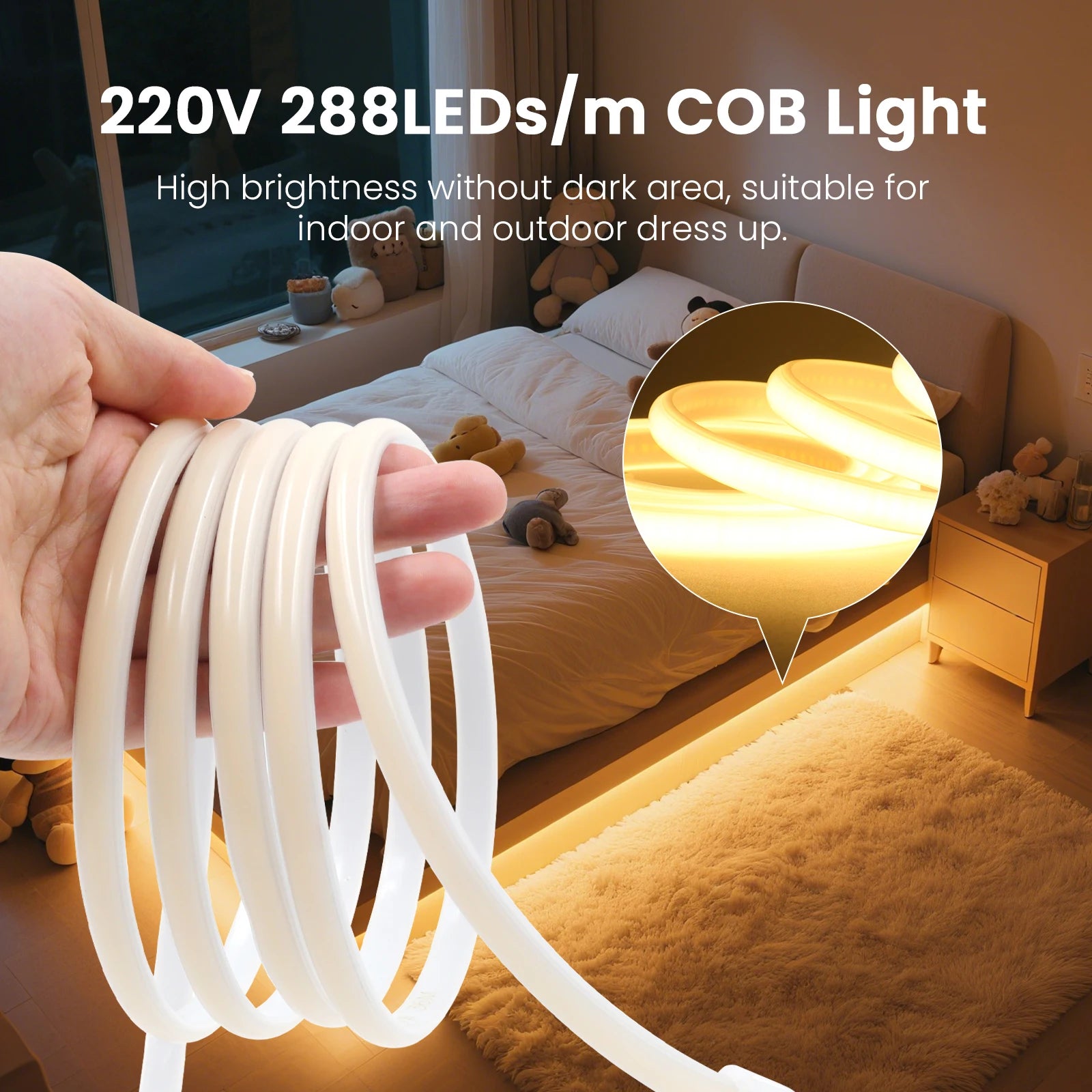 220V COB LED Strip Light 288 LEDs/m IP65 Dimmable with Switch or Dimmer Plug — 3000K 4000K 6000K Waterproof Indoor/Outdoor
