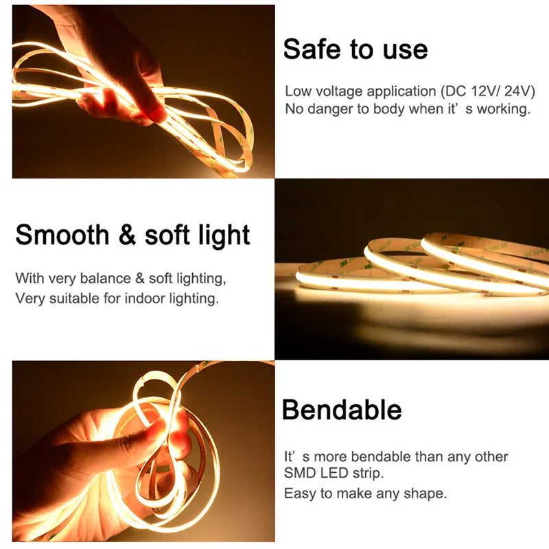 UL Listed COB LED Strip Light – High Density 320/480 LEDs per m, 3m/5m (9.8ft/16.4ft) Flexible Dimmable Tape 3000–6500K CRI>90 DC12V/24V