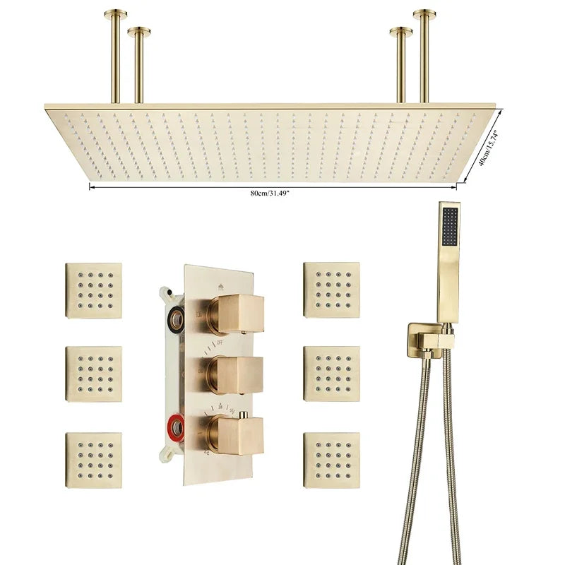 Big Black Thermostatic Ceiling-Mounted Rainfall Shower System with Hand Shower – Thermostatic Mixer Tap, 150 cm (59 in) Hose, 400+ mm (15.7+ in) Rain Head