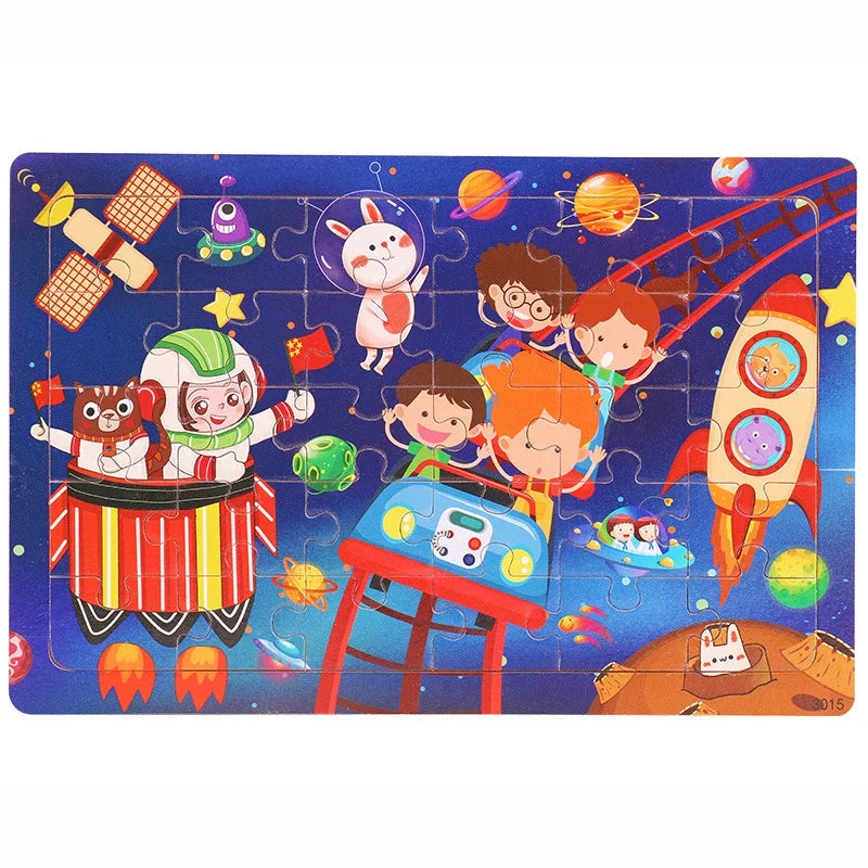 30-Piece Wooden Jigsaw Puzzle for Kids, Cartoon Animals & Vehicles, Early Learning Toy