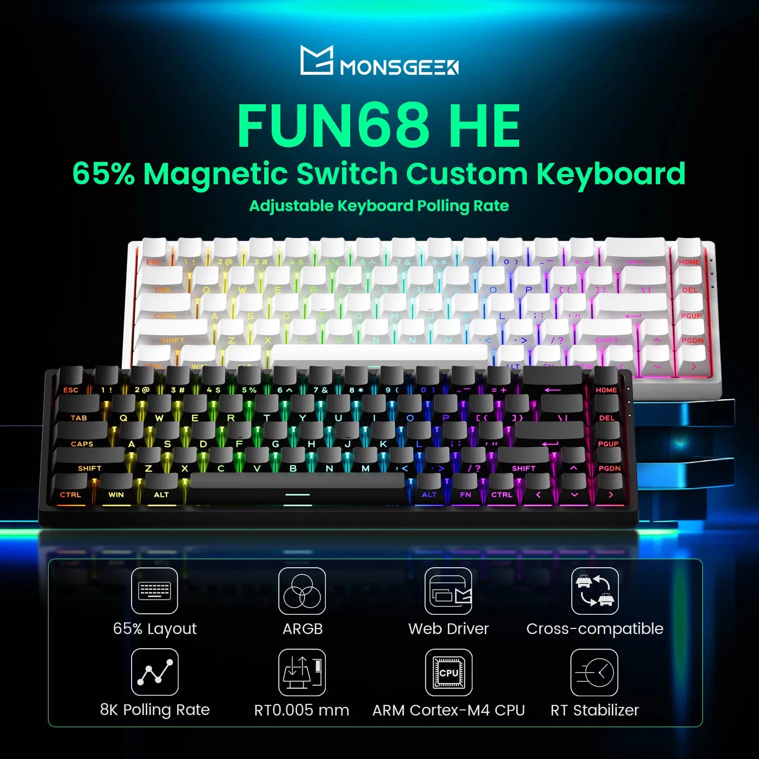 Magnetic Switch 60% & 65% Mechanical Gaming Keyboard - Rapid Trigger RT, 8K Polling, Hot-Swappable, RGB, Tri-Mode USB-C/BT/2.4G