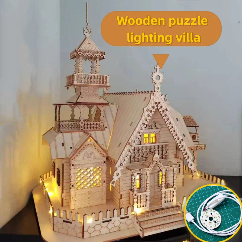 3D Wooden Villa Castle Puzzle Kit with LED Light - DIY House Model & Desktop Decoration Gift for Teens & Adults