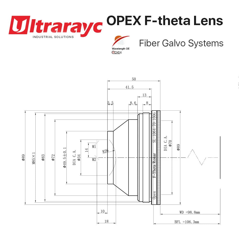 F-Theta Lens 1064nm M85 Thread for YAG Fiber Laser — Scan Field 70×70 to 300×300 mm (2.76×2.76 to 11.81×11.81 in), Focal Length 100–420 mm (3.94–16.54 in)