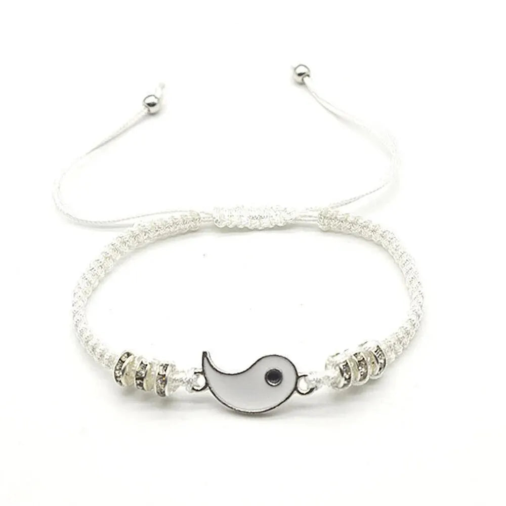 2-Piece Couples Tai Chi Bracelet Set Black & White Adjustable Rope Chain for Daily Wear