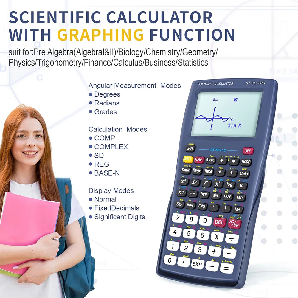 Graphing Scientific Calculator for Middle & High School — Solar & Battery Powered, Blue