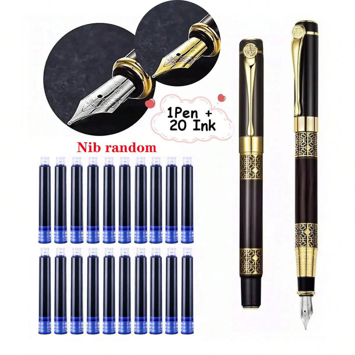 Retro Metal Fountain Pen Set (1–100 pcs) with Replaceable Ink, Elegant Writing Gift for Office & School