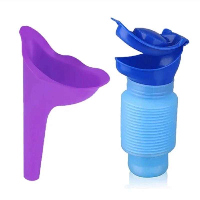 Collapsible portable urinal funnel in blue and purple colors