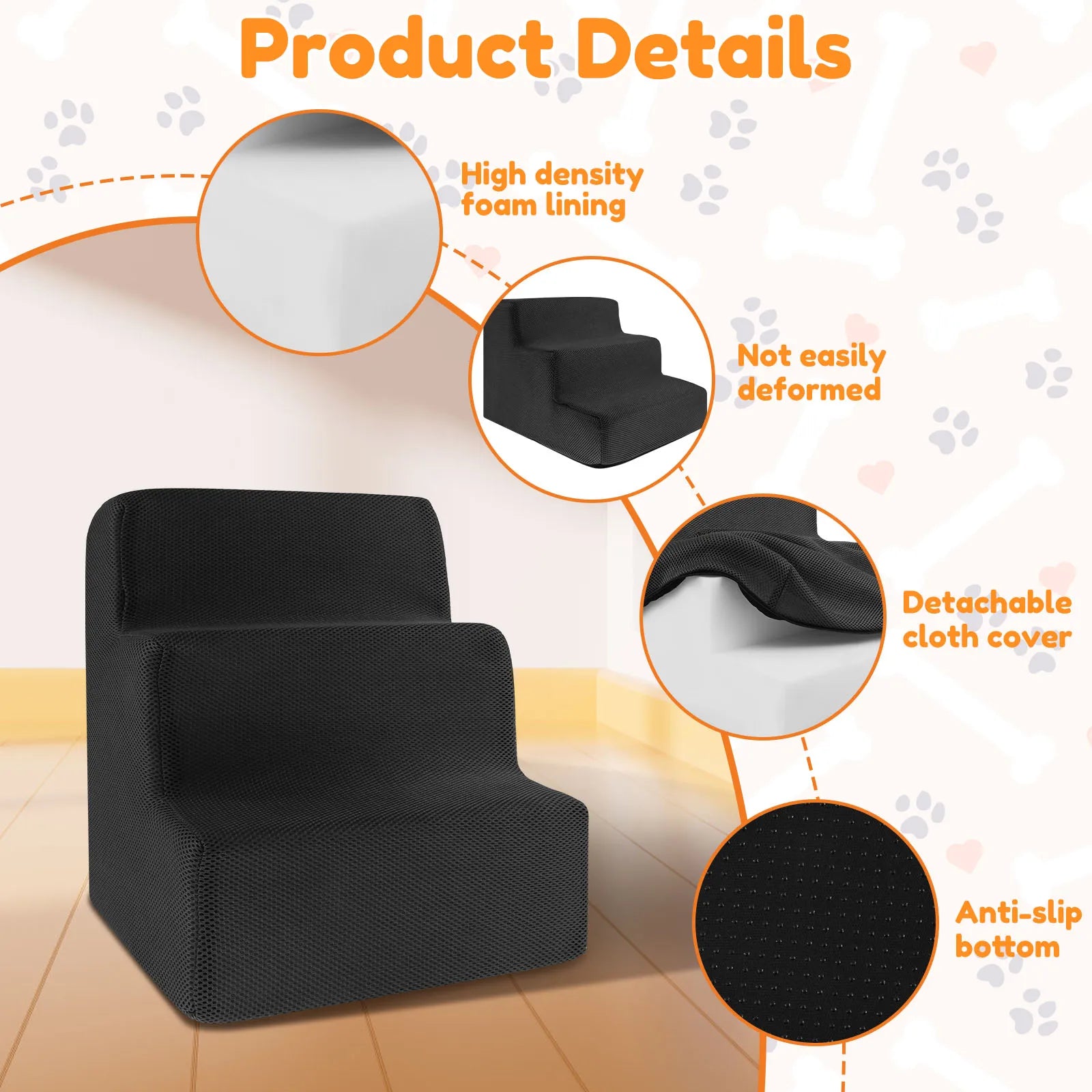 3-Step Pet Stairs for Small & Medium Dogs and Cats — 34 x 40 x 30 cm (13.4 x 15.7 x 11.8 in) High-Density Foam, Non-Slip, Removable Washable Cover