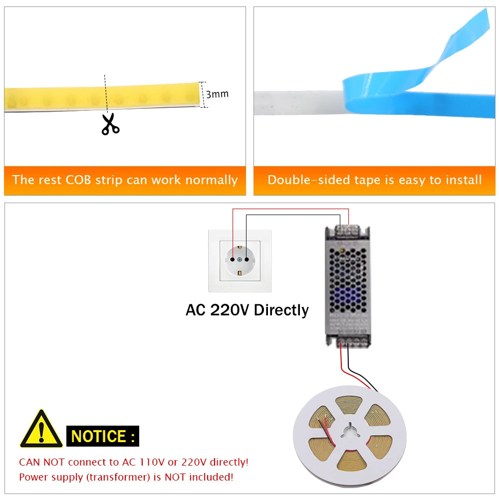 COB High-Density Flexible LED Strip Light – 320/384/480/528 LEDs/m, DC 5V/12V/24V, 3mm/5mm/8mm PCB Tape Light
