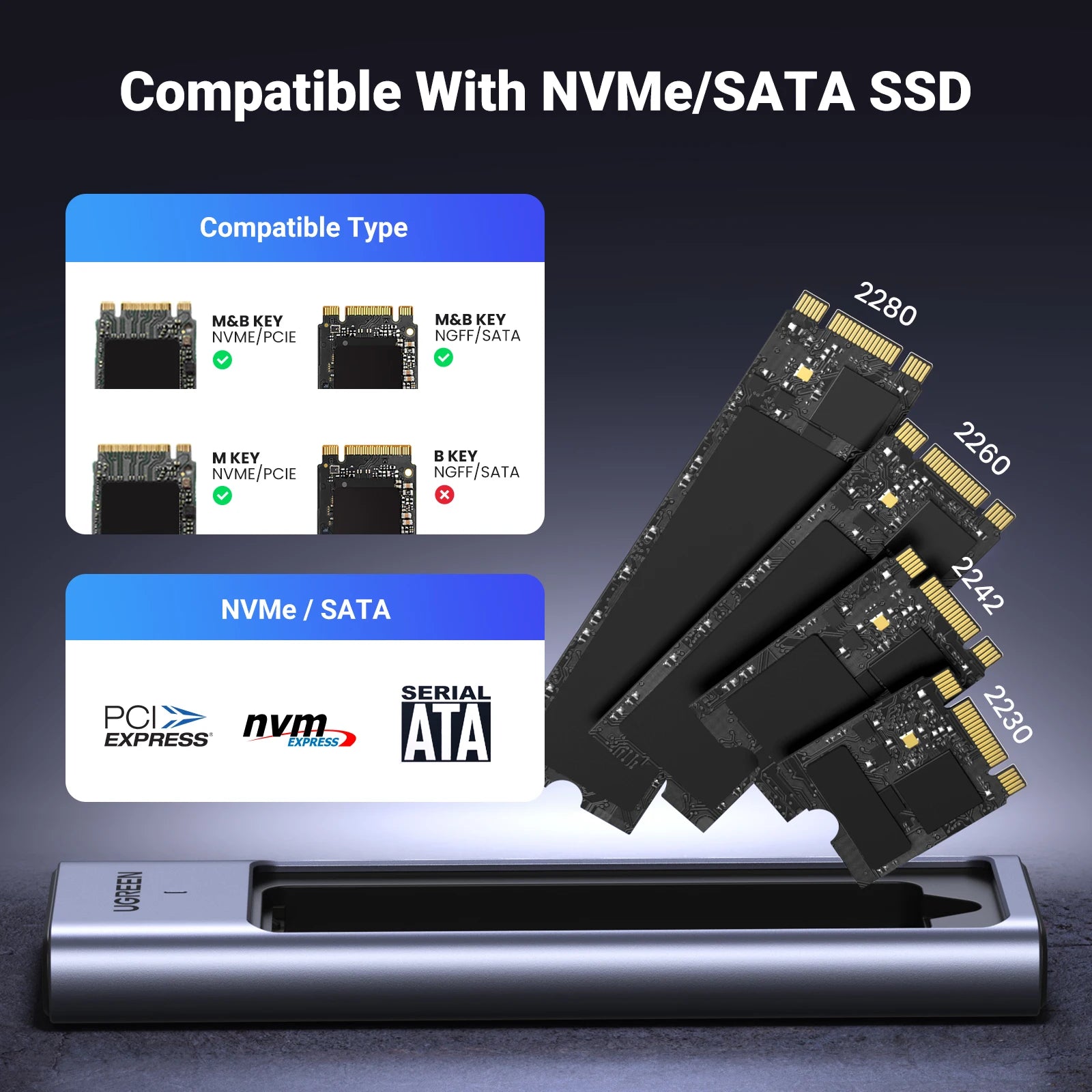 M.2 NVMe & SATA SSD Enclosure USB-C 20Gbps (USB 3.2 Gen2x2) — Supports 2230/2242/2260/2280 M & B+M Keys, Up to 8TB