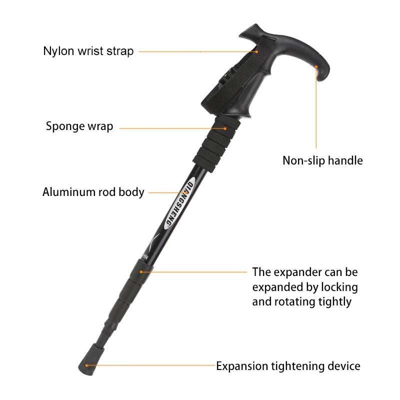Folding 4-Section Telescopic Trekking Pole - Lightweight Aluminum Hiking Stick with T-Handle, Adjustable 21-43 in (53-110 cm)