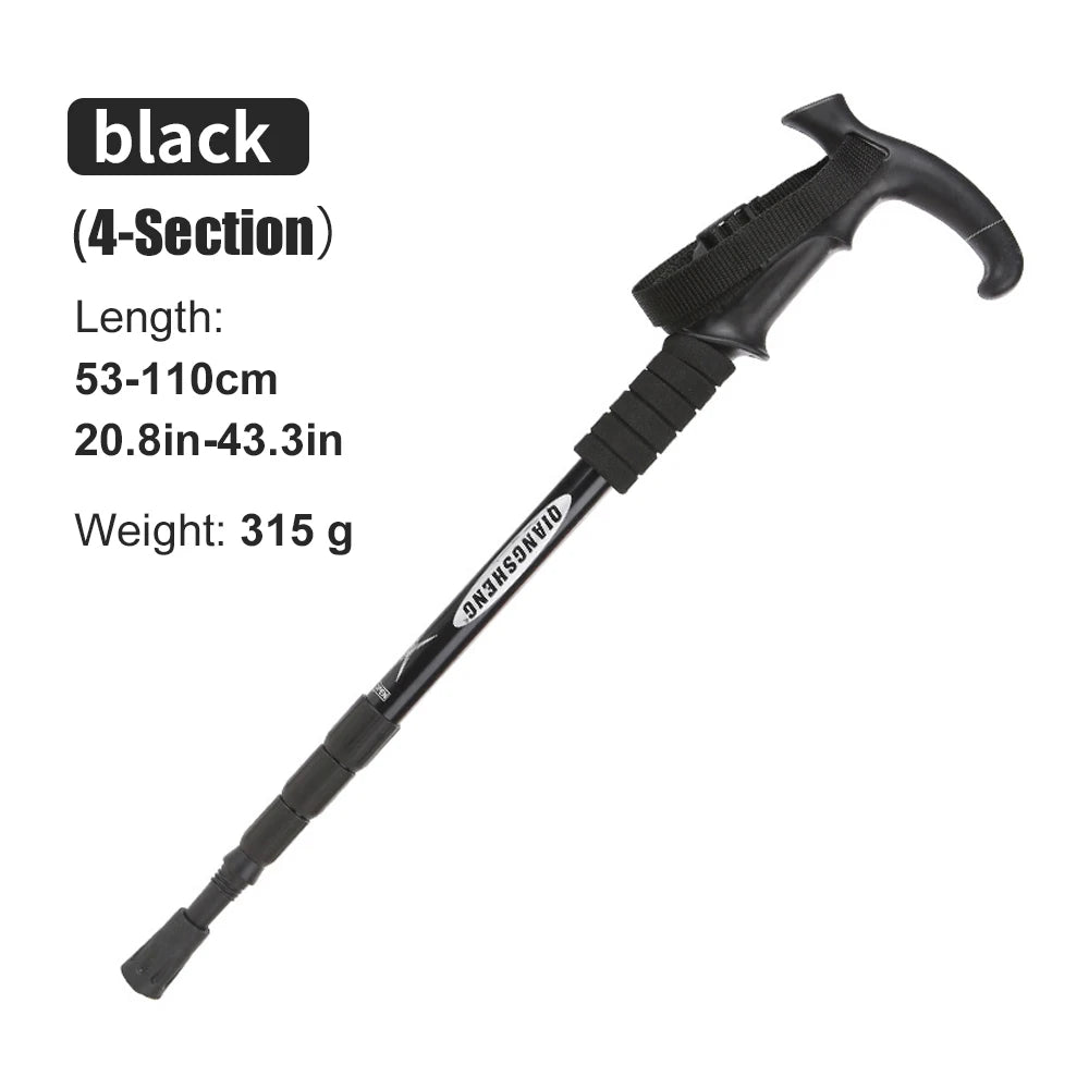 Folding 4-Section Telescopic Trekking Pole - Lightweight Aluminum Hiking Stick with T-Handle, Adjustable 21-43 in (53-110 cm)