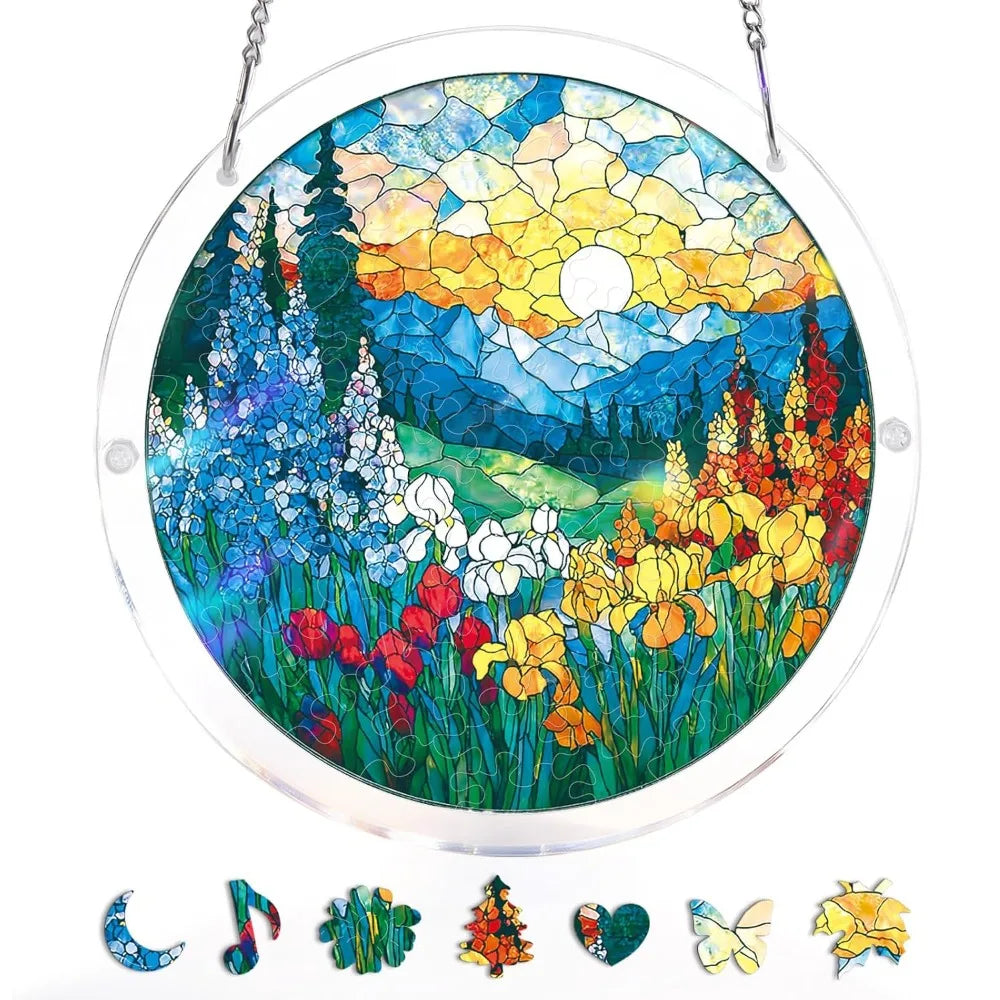 83-Piece 7.4in (18.8cm) Round Acrylic Puzzle Sun Catcher - UV-Printed Window Hanging with Metal Chain