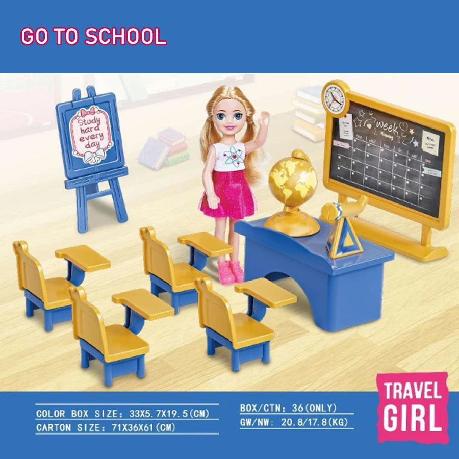 5.5in (14 cm) Doll Playset - Medical & School Role-Play Kit with Accessories, Gift Box for Kids