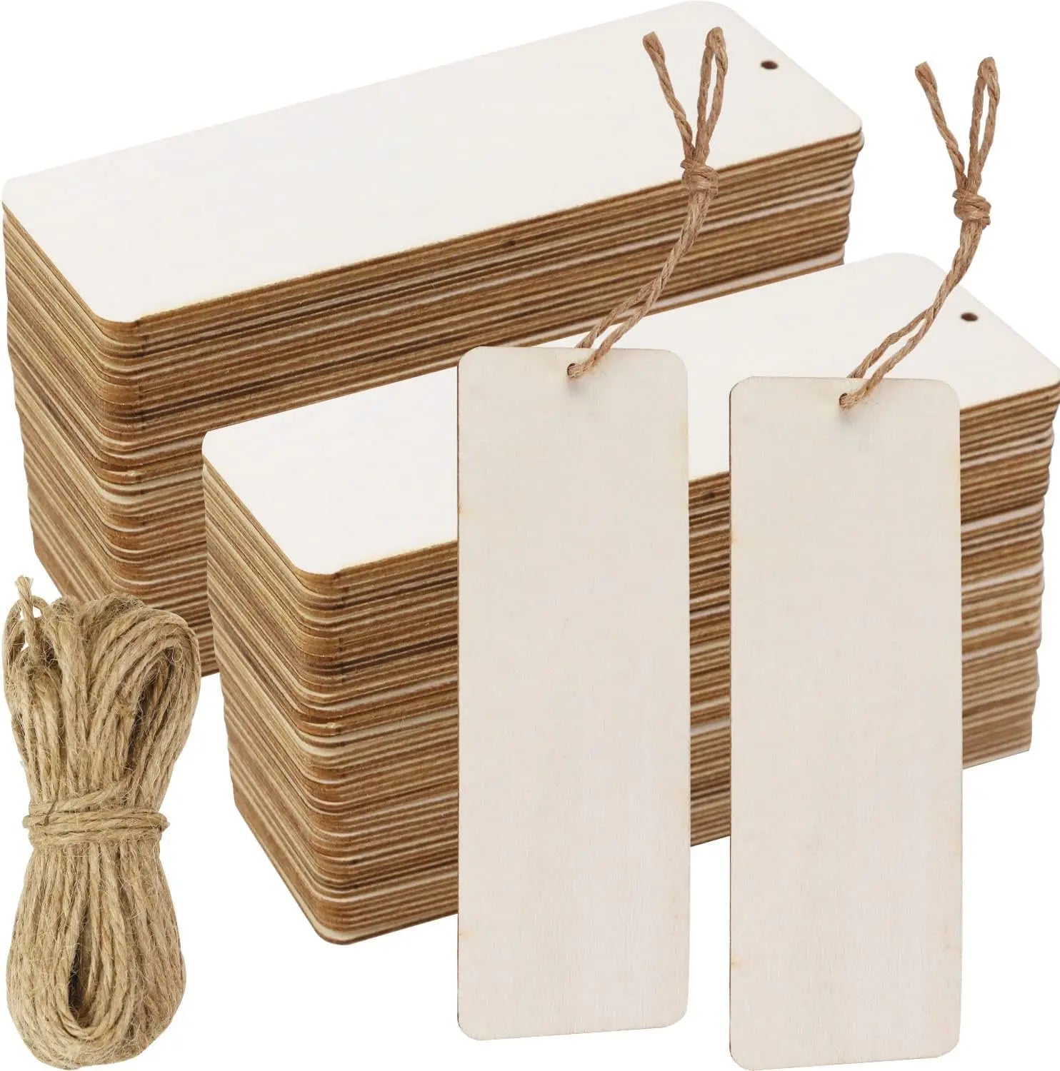 Wooden Blank Bookmarks with Rope — DIY Unfinished Wood Tags (10/20/40/60 Pack)