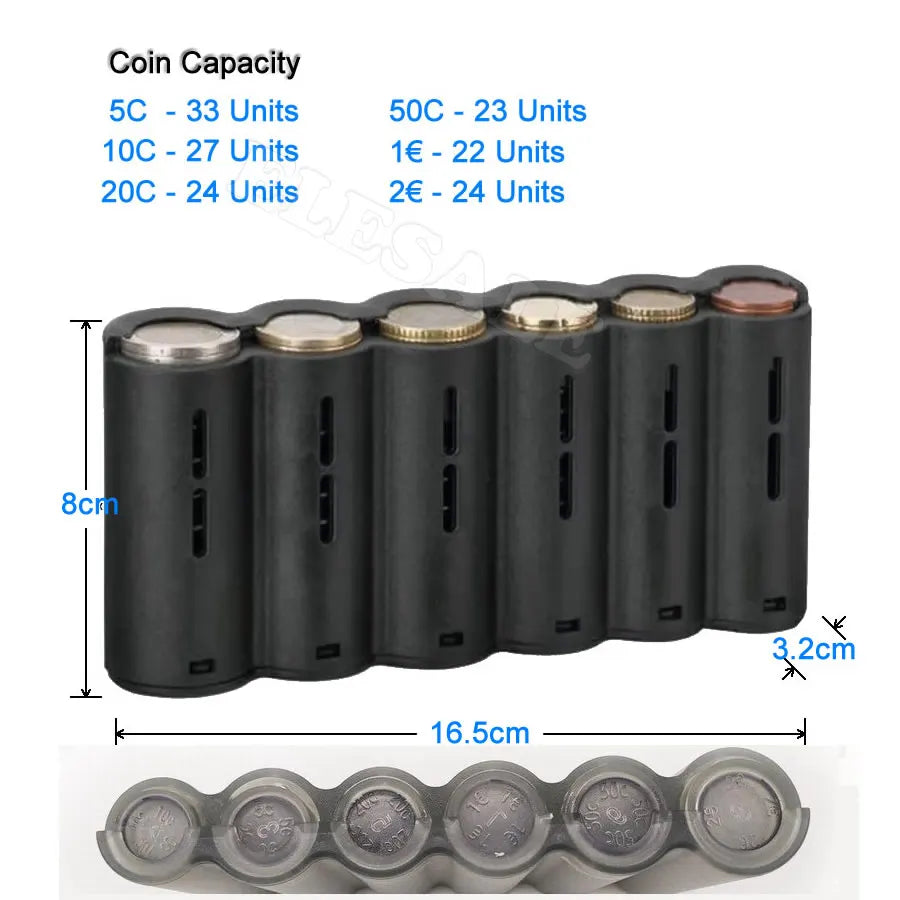 Portable 6-Slot Euro Coin Dispenser - Coin Holder with Spring for Cashiers, Waiters & Drivers