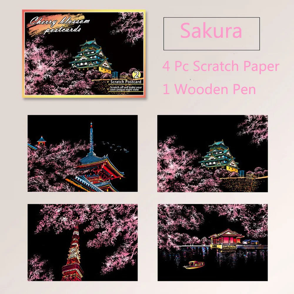 DIY Scratch Art Postcards A5 (20 x 14 cm | 7.9 x 5.5 in) 4‑Pack Night Scene Rainbow Scratch‑Off Sheets with Bamboo Stylus — Kids & Adult Craft Gift