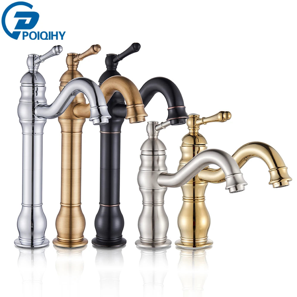 Antique Brass Vessel Sink Faucet Deck-Mounted Single-Hole Bathroom Basin Mixer Tap, Single Handle, Hot & Cold