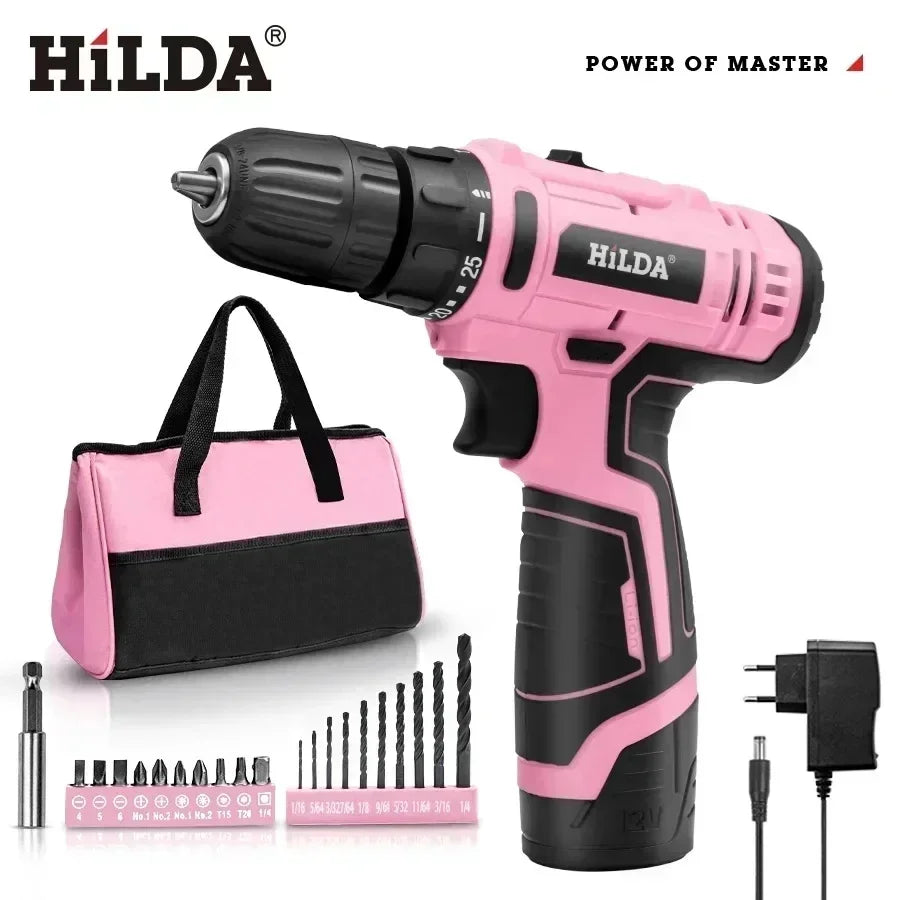 12V Mini Cordless Brushless Drill - 25+1 Torque Portable Electric Screwdriver Kit (Pink)