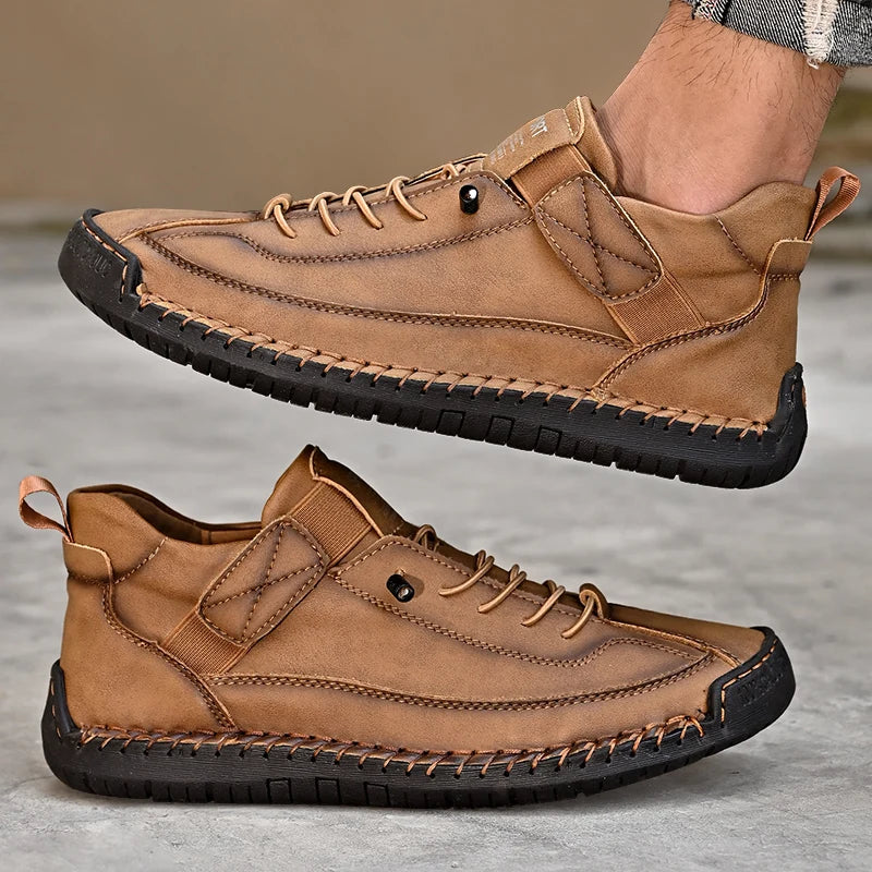 Handmade Men's PU Leather Slip-On Loafers Breathable Casual Moccasins Rubber Outsole Plus Sizes