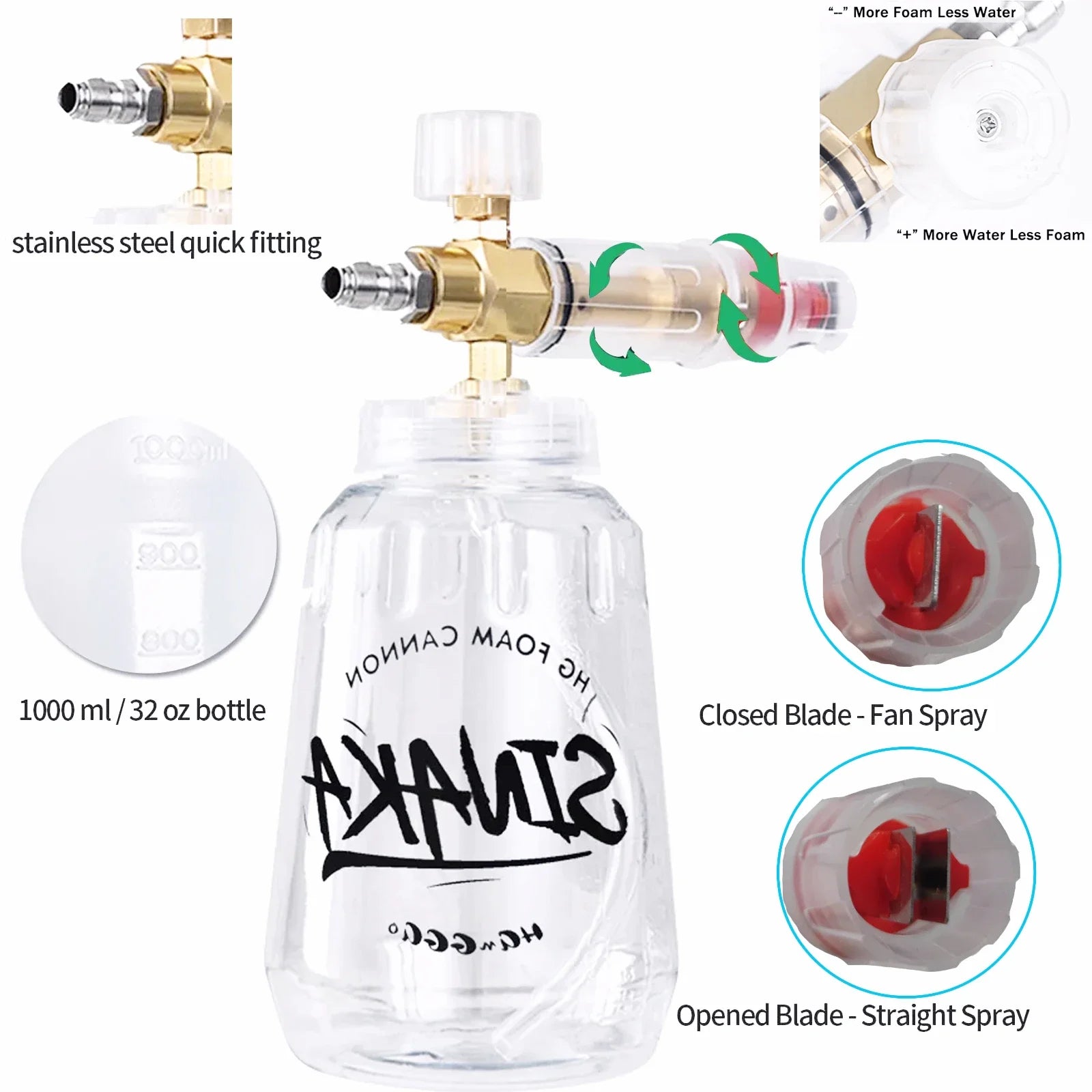 Adjustable Snow Foam Lance Foam Cannon 1L (32 oz) Car Washer Foam Generator – Universal Adapters M22 & 1/4" Quick Plug, 70–280 bar (1,000–4,000 PSI)