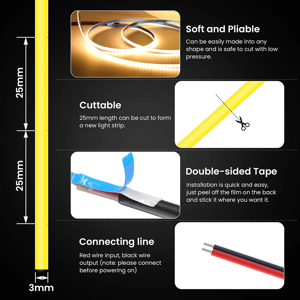 COB LED Strip Light 320 LEDs/m – 3/5/8mm PCB (0.12/0.20/0.31in), 5V/12V/24V, Flexible Tape 0.5–5m (1.6–16.4 ft), Warm/Natural/Cool White + RGB