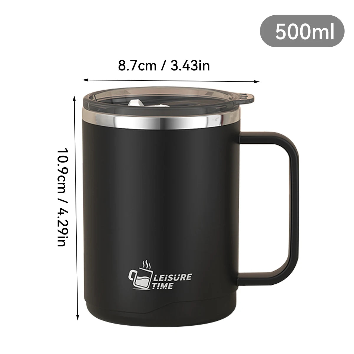 500ml (16.9oz) 304 Stainless Steel Double-Layer Insulated Travel Mug with Handle, Sealed Vacuum Flask