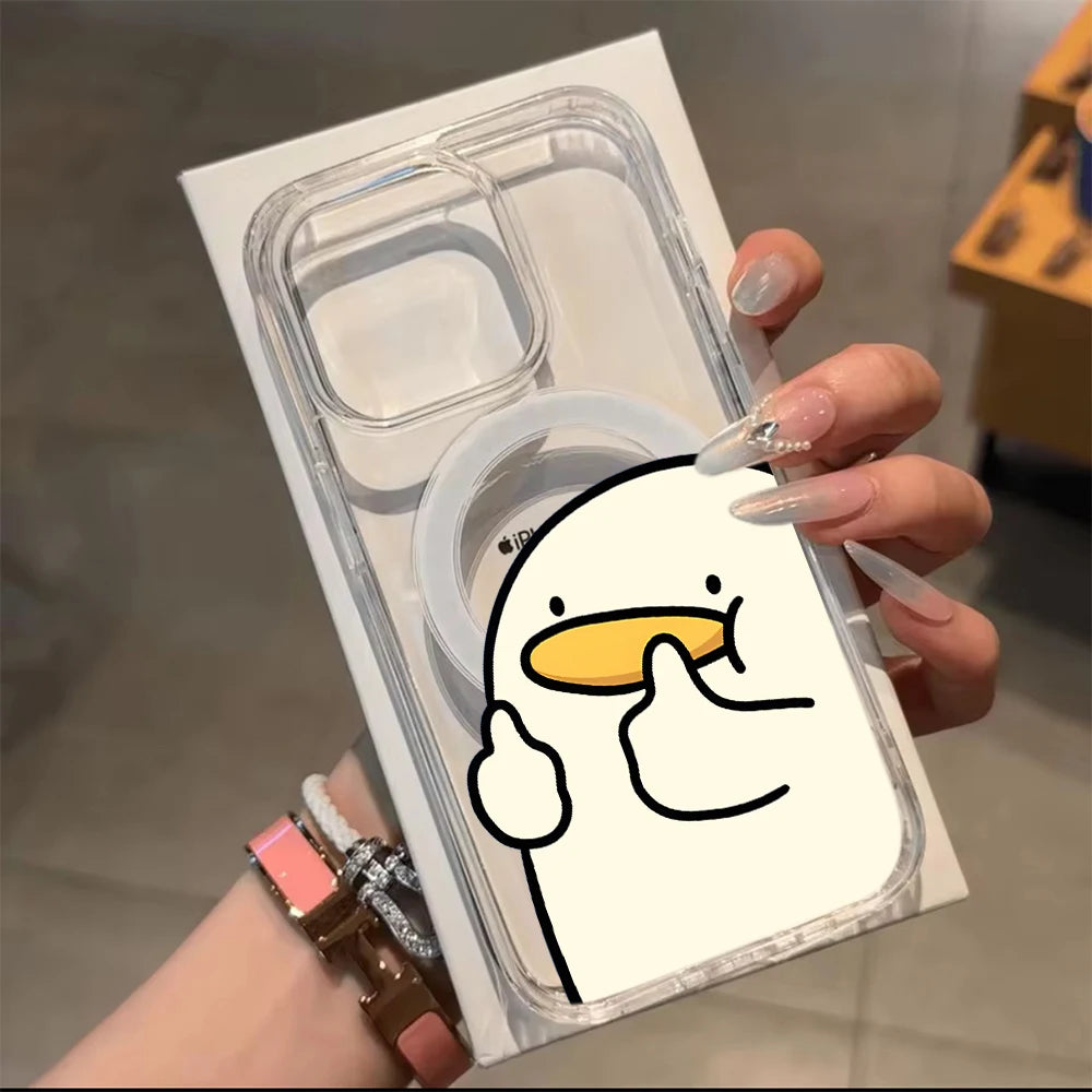 Cartoon Duck MagSafe-Compatible Clear Phone Case with Magnetic Leather Card Holder