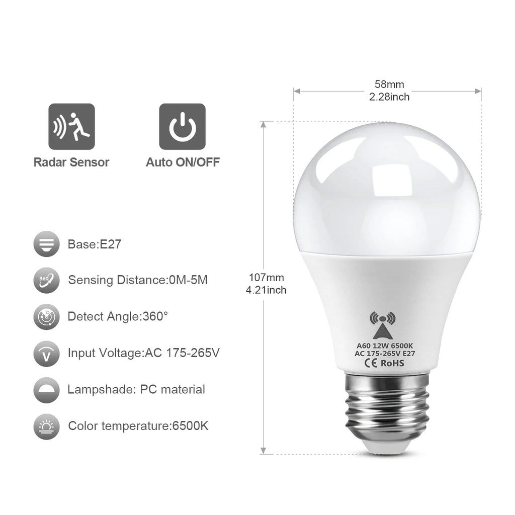 2-Pack LED Motion Sensor Night Light — Radar Microwave Induction, E27 12W, Auto On/Off in Dark, 110–220V for Bedroom & Nursery