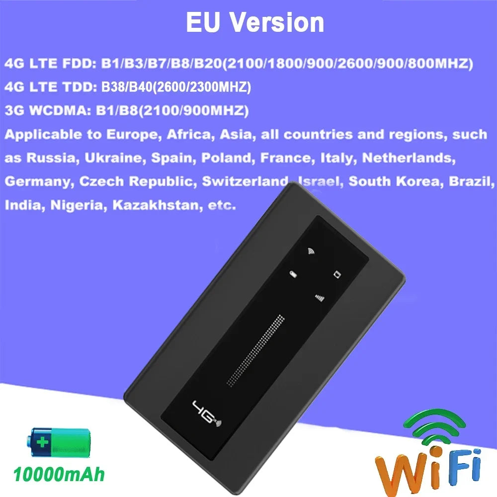 10000mAh 4G LTE Portable Router 150Mbps 2.4GHz Wi-Fi Hotspot CAT4 with Ethernet Port, WPS & Type-C Charging
