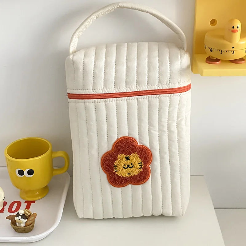 Cotton Bear Print Diaper Bag for Mom - Beige Maternity Nappy Organizer Tote with Zipper