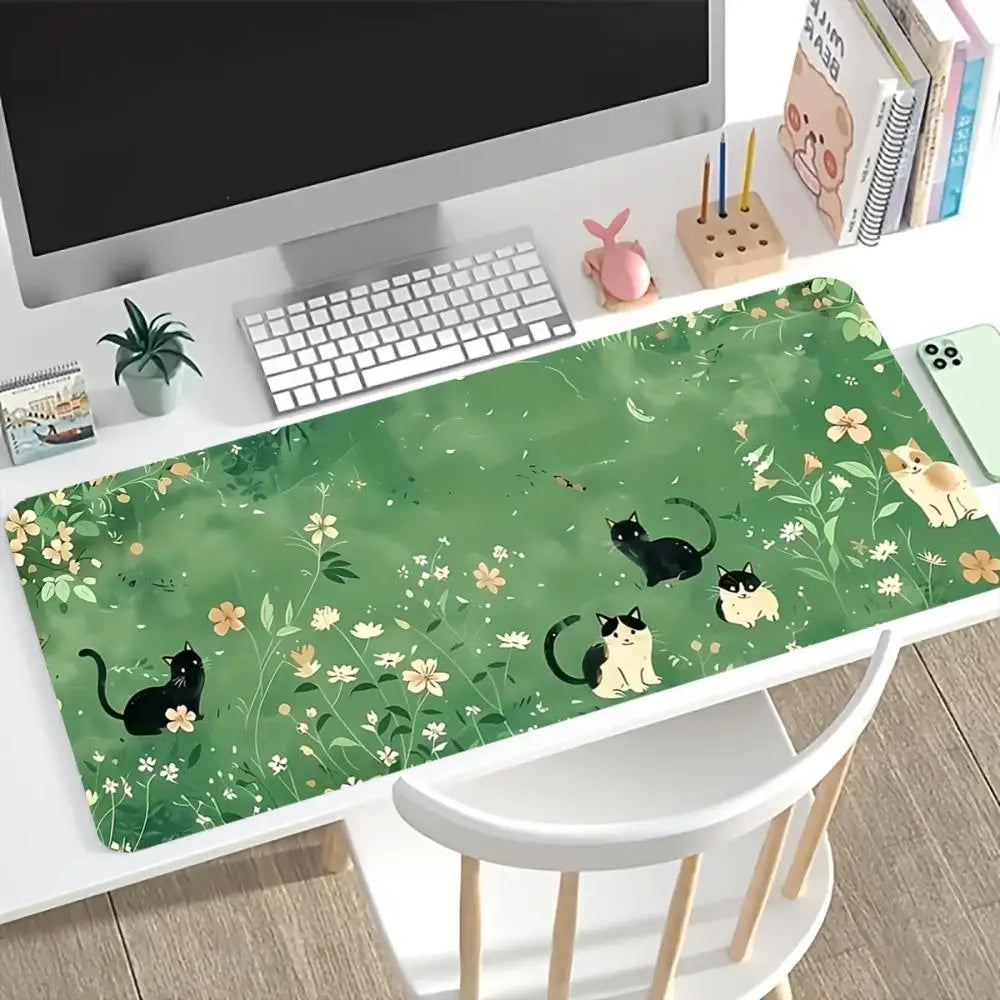 Cute Cat Floral XXL Extended Gaming Desk Mat - Non-Slip Rubber Base with Locking Edge Mouse Pad for Laptop, PC & Home Office