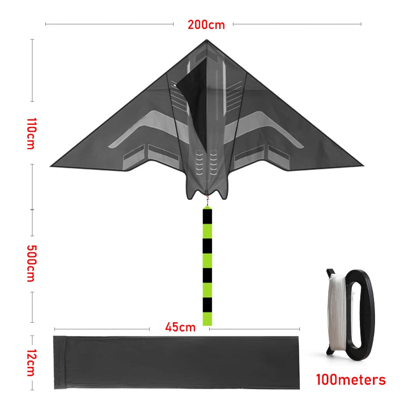 2m Delta Aircraft Kite – Large Beach & Camping Kite with 500cm (16.4 ft) Tail and 100M (328 ft) Line — Easy-Fly Foldable Kite for Adults & Teens