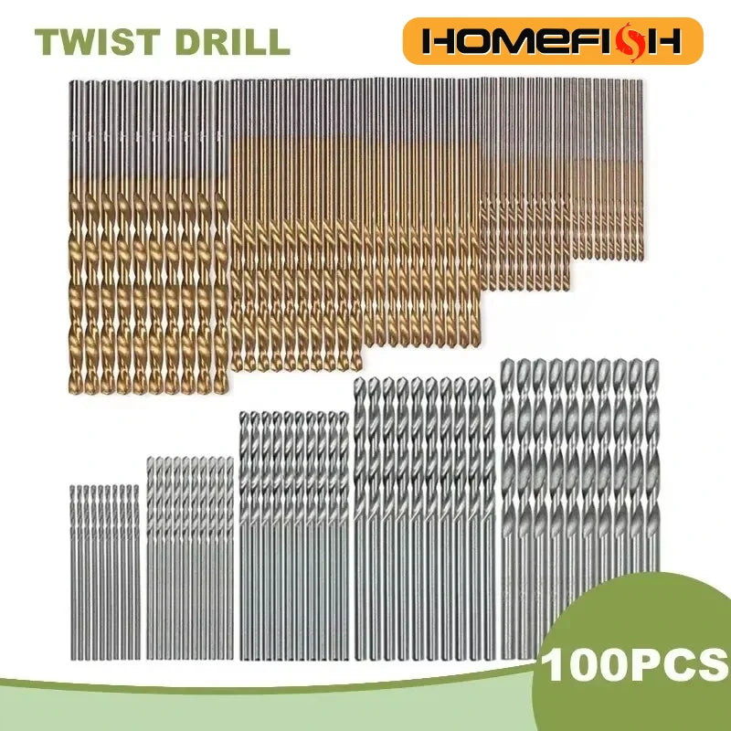 100-Piece Twist Drill Bit Set 1–3mm (0.04–0.12 in) Titanium Plated + Natural Finish for Wood & Metal, Handheld & Electric Drills