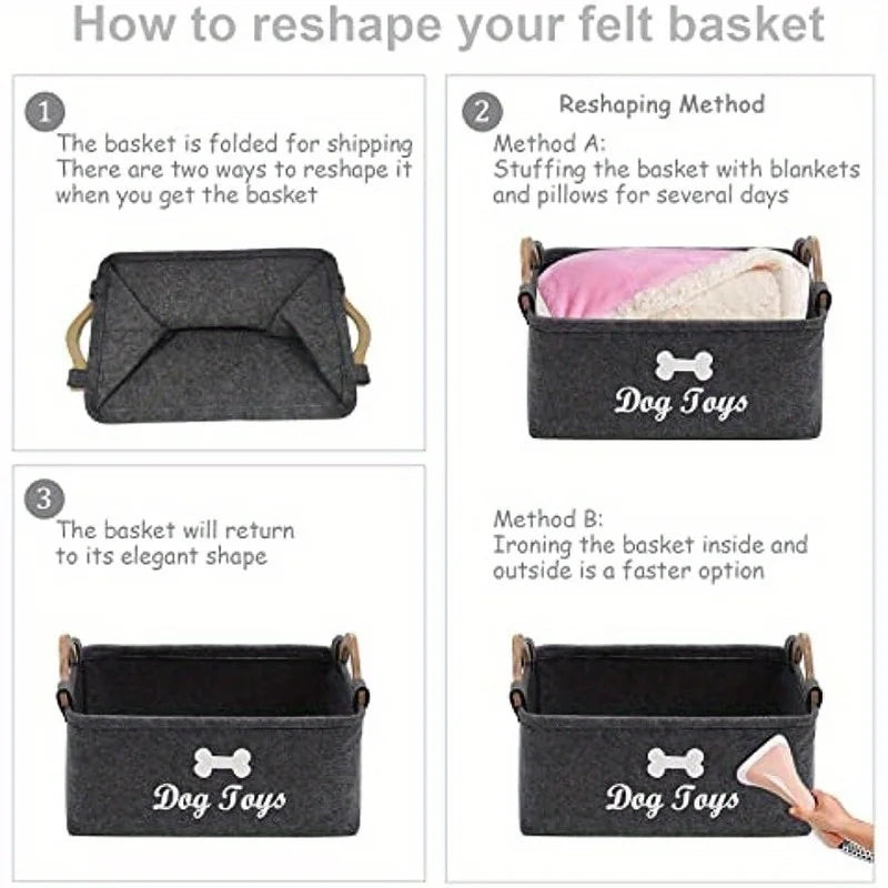 Felt Pet Toy Box Storage Basket – Dog Toy Organizer for Toys, Blankets, Leashes & Food