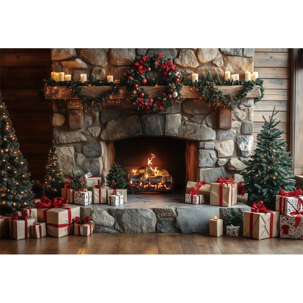 Christmas Fireplace Photography Backdrop — Gingerbread House & Wooden Window Holiday Photo Background for Kids & Family