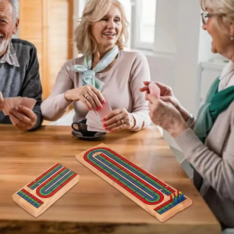 Wooden 3-Track Cribbage Board Game with 9 Pegs — Portable Classic Family Travel Card Game